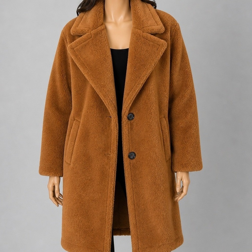 Hartly Women Teddy Coat Camel Faux Fur Plaid Lined Long Sleeve L‎